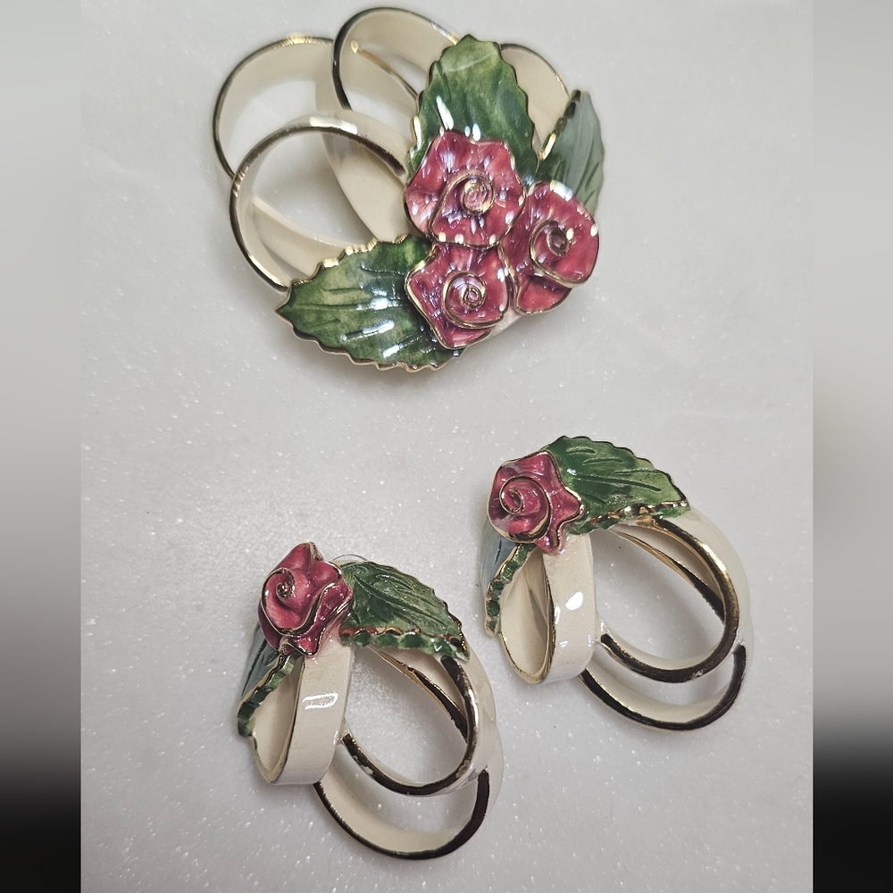Vintage Hand Painted Floral Ceramic Brooch And Earrings